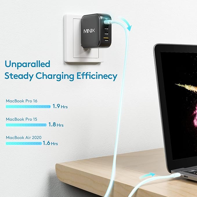 MINIX NEO P3 100W Turbo 4-Ports GaN Wall Charger, 3 x USB-C Port Fast Charging Adapter(Max 100W/20W), 1 USB-A (Max 18W). Compatible with MacBook Pro Air, iPad Pro, iPhone 14,Galaxy S9 and More.