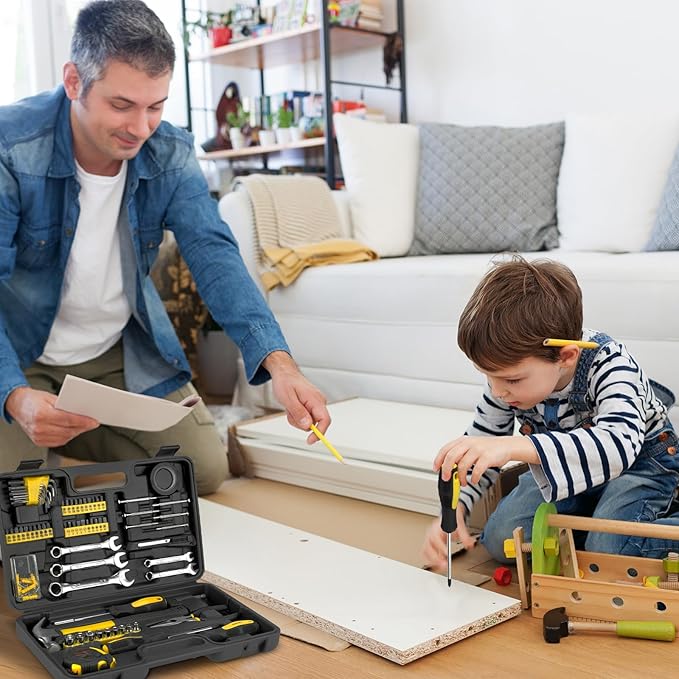 149-Piece Basic Tool Set with Compact Case – Handy Household & Travel Toolkit for dorm，DIY Home Repairs, Beginners, and Household Maintenance (Yellow)