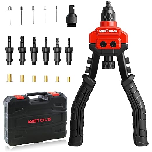 WETOLS 3 in 1 Rivet Nut Tool, Rivet Gun, Reamer Set, Professional Rivet Gun Kit with 5 Rivet Heads and 6 Metric & SAE Mandrels, Hand Riveter Tool with 50 Rivets and 60 Rivet Nuts, Sturdy Case, WE-890