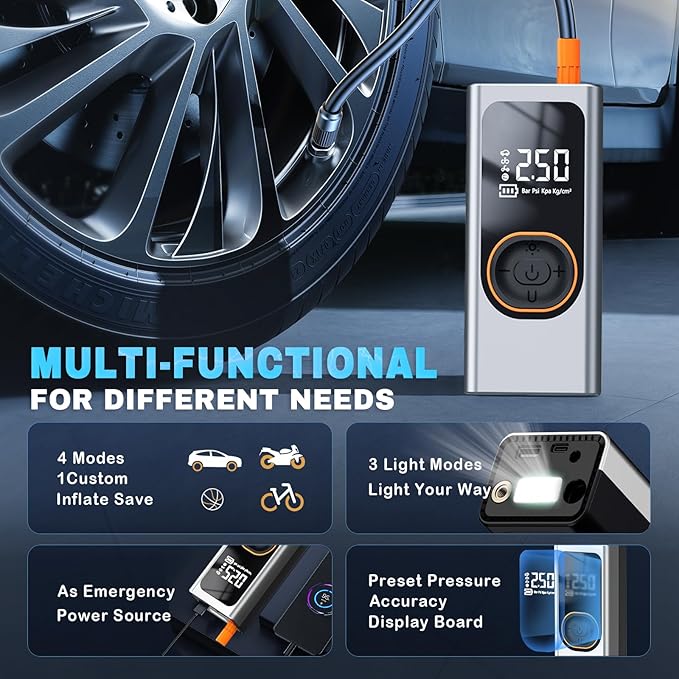Portable Cordless Tire Inflator Air Compressor, 150PSI with Rechargeable Battery, Digital Pressure Gauge, 12V Car Tire Inflator and Auto Shut Off, for Car, Motorcycle, Bike, Balls, Toy