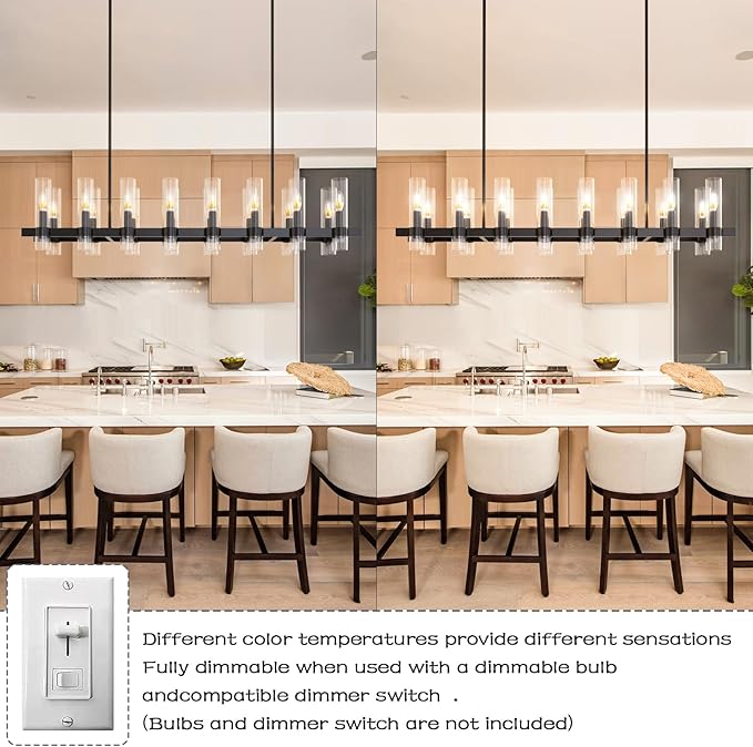 Modern Black Island Rectangle Chandelier with Clear Glass,63” Adjustable Height Modern Linear Light Fixture 16 Light Dining Room Chandelier Over Table for Dining Room Kithen Island