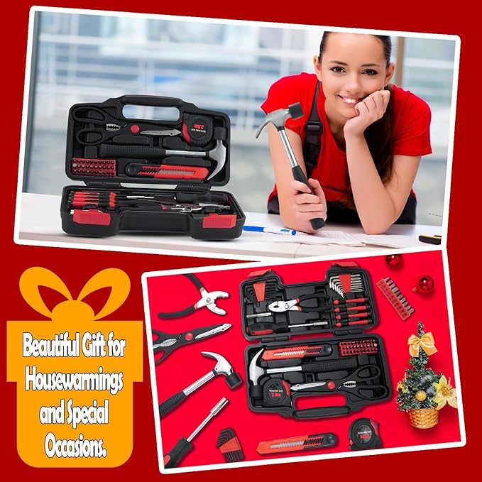 58 Piece Household Tool Set, General Household Hand Tool Kit with Plastic Toolbox Storage Case, All Purpose Household Tool Kit for Home, Garage, Office and College Dormitory Use, Red