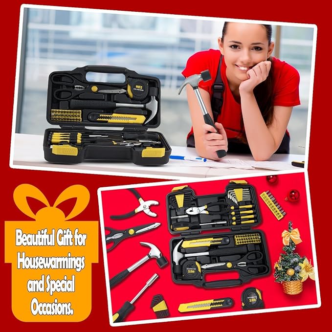 58 Piece Household Tool Set, General Household Hand Tool Kit with Plastic Toolbox Storage Case, All Purpose Household Tool Kit for Home, Garage, Office and College Dormitory Use, Yellow