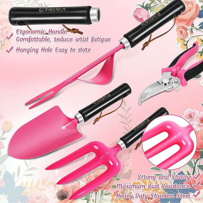 Gardening Tools 9-Piece Heavy Duty Gardening Hand Tools Set (Pink),Stainless Steels and Reinforced Garden Supplies Kit, Durable Garden Tools Organizer Handbag,Ideal Garden Gifts for Women