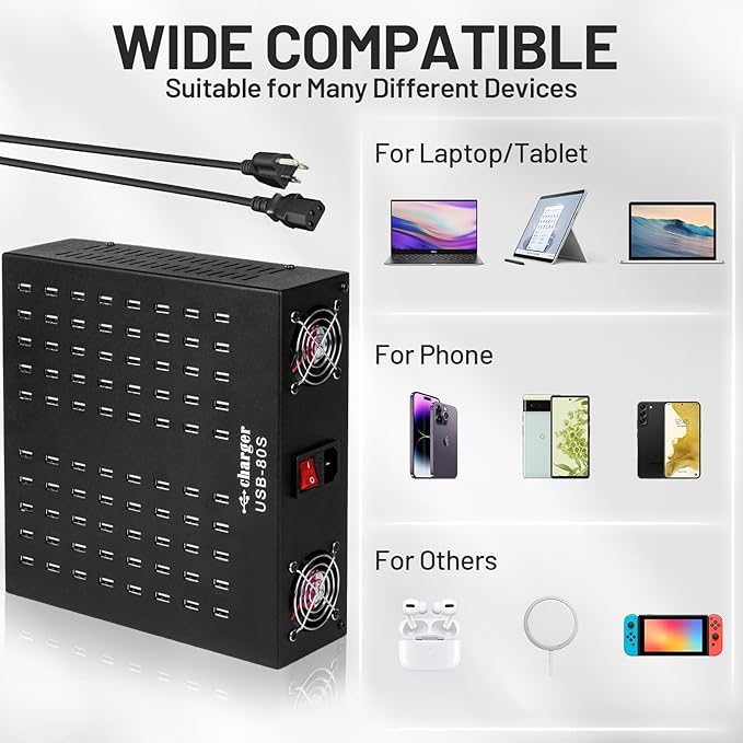Multiple USB Charging Station, MIXILIN 80 Ports 800W(150A) Fast Charger Station with Power Switch, Desktop Charging Station for Multiple Devices Compatible with Cell Phones iPad Kindle Tablet