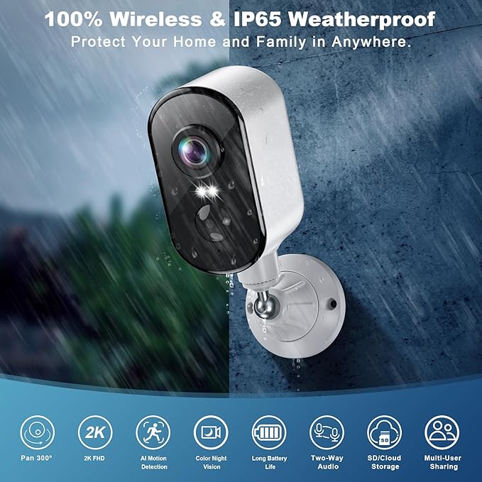 2K Security Cameras Wireless Outdoor, Pan Rotating 360° Battery Powered WiFi Camera with AI Motion Detection, Color Night Vision, Spotlight, Siren, 2-Way Talk, Waterproof, SD/Cloud Storage