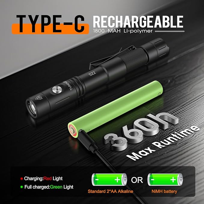 S22 2AA Tactical EDC Dual Mode Flashlight Rechargeable,1200 High Lumen Pocket Flashlight with Magnet,Dual Switch Mini LED Flashlight and Side Light COB Light 4 Mode, 365nmUV