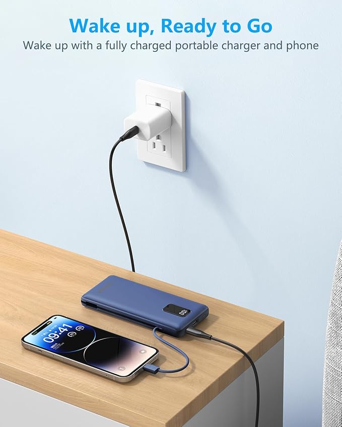 Charmast Portable Charger with Built-in Cables and Plug, 10000mAh USB C Power Bank Fast Charging 15W, External Battery Pack Slim, Travel Essentials Compatible with 16 15 14 13, Samsung Galaxy, iPad