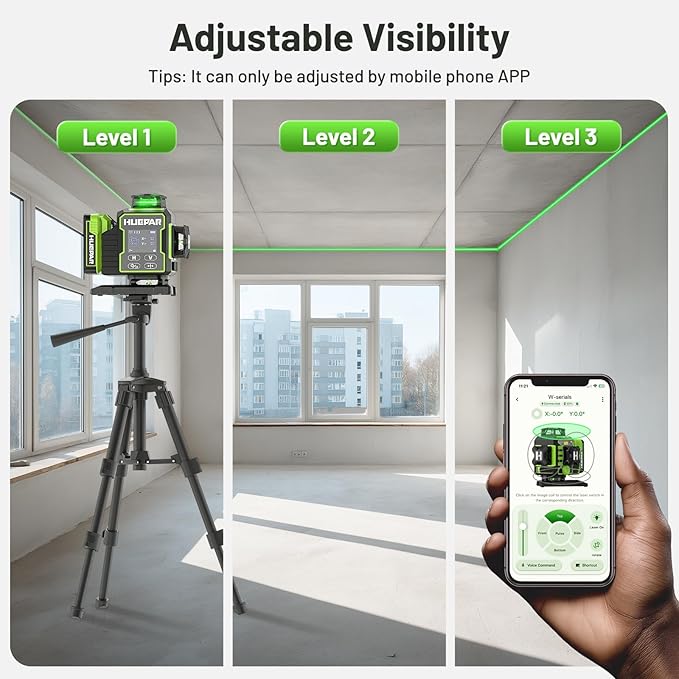 Huepar Laser Level 360 Self Leveling, W04CG Upgraded 4x360° Bluetooth Construction Lazer Leveler Tool with Electric Rotating Base ＆ Large LCD Screen, 4D 16 Lines Green Cross Laser Level