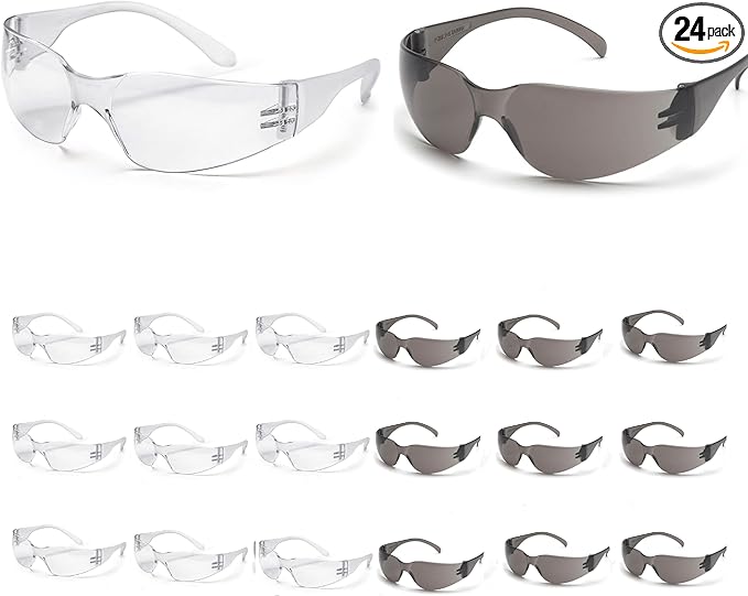 ATERET Protective Polycarbonate Safety Glasses White For Nurses Mechanic Electrician Saftey Glasses Goggles Anti Fog Eye Goggles Safety Protection (24 Pairs, Grey&Clear)