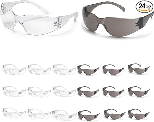 ATERET Protective Polycarbonate Safety Glasses White For Nurses Mechanic Electrician Saftey Glasses Goggles Anti Fog Eye Goggles Safety Protection (24 Pairs, Grey&Clear)