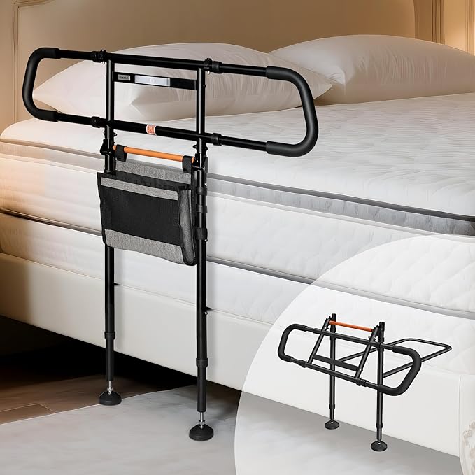 C5 Pro Bed Rails for Elderly Adults Safety - Foldable Bed Assist Rail with Adjustable Height, Bed Cane with Non-Slip Wider Handrail, Motion Sensor Light Fits King Queen Twin Beds, Supports 350 LBS