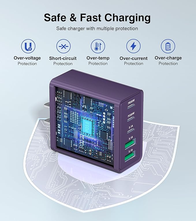 [2Pack] 50W USB C Plug,5-Port Fast Charger Block PD+QC Cube Wall Charging Box Brick for iPhone 16/15/14/13 for Samsung Galaxy S24/S23/S22/S21+/S21 Ultra, Magsafe Wireless Charger,(Purple)