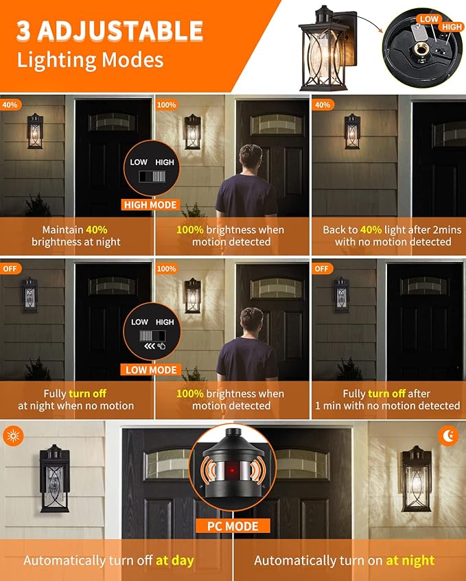 Motion Sensor Outdoor Wall Light with Dimmable Bulb, Modern Dusk to Dawn Exterior Light Fixture Wall Mount Porch Light Black with Crack-Like Glass Coach Lantern for House Garage