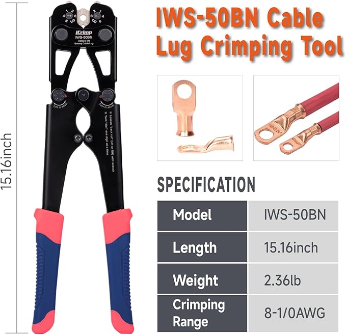 iCrimp Battery Cable Lug Crimping Tool for 8, 6, 4, 2, 1, 1/0 AWG Copper Cable Lugs, Battery Terminal Crimper