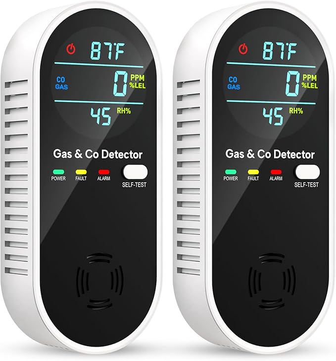 Carbon Monoxide Detectors & Natural Gas Detector, 4-in-1 Carbon Monoxide Detectors Plug in, Gas Leak Detector with Dual Alarms, Temperature & Humidity Sensor for Home, RV Essentials, Black, 2 Packs
