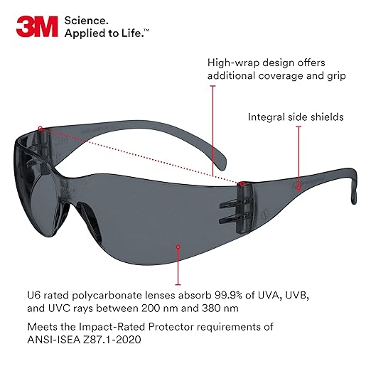 3M Safety Glasses, Virtua, 20 Pair, ANSI Z87, Unisex, Gray Hard Coat Lens, Gray Frame, Affordable Eye Protection, Lightweight, Wraparound Coverage, UVA, UVB, UVC