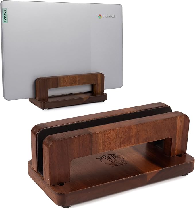 S&A WOODCRAFT Brown Acacia Wood Vertical Laptop Stand, Adjustable Wooden Laptop Holder, Non-Slip Laptop Dock Compatible with Apple MacBook, Microsoft Surface, Gaming Laptops, IPad, Tablets