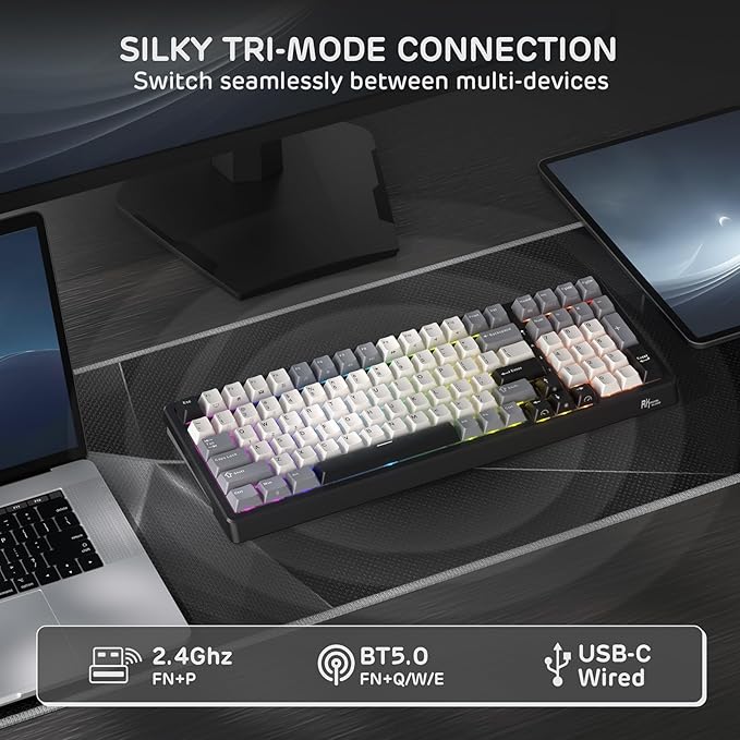 RK ROYAL KLUDGE F99 Wireless Mechanical Keyboard with Numper Pad, Tri-Mode Hot Swappable 95%100 Keys Gaming Keyboard BT/2.4G/USB-C, Pro Software, 5000mAh Battery, Customed Linear Creamy Switches