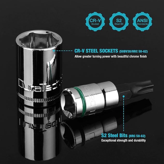 DURATECH 1/4" Drive Socket Set 20 Pieces, Including Metric and SAE Bit Sockets, Ratchet Wrench, Extension Bar, and Swivel Storage Rack, Cr-V S2 alloy steel, Meets ANSI Standards