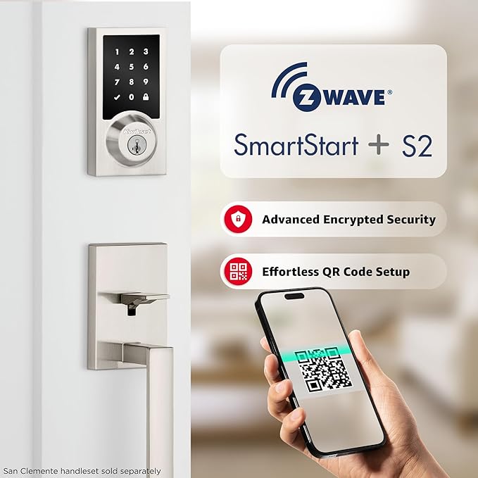 Kwikset HomeConnect 918 Contemporary Z-Wave Long Range Enabled Touch Screen Lock Works with Ring Alarm, Samsung SmartThings Hub Required, Sold Seperately in Satin Nickel