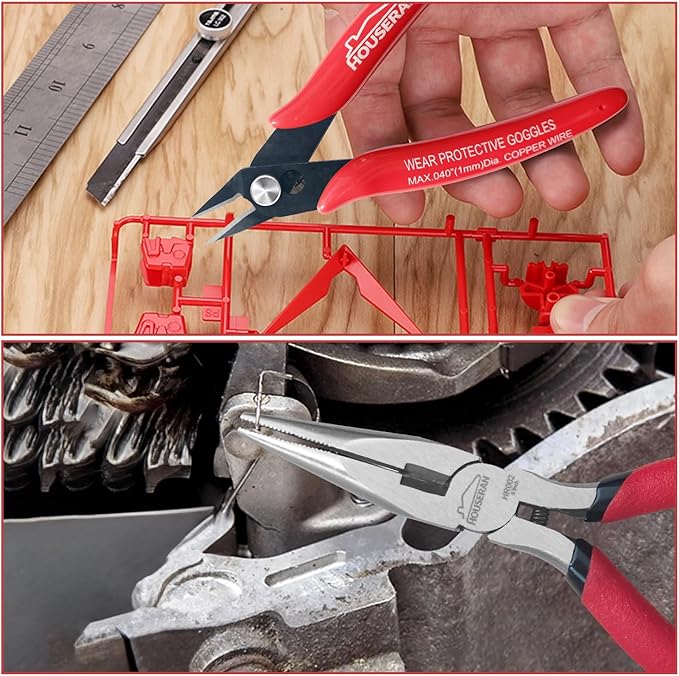 8-Piece Tool Set with Case Including 10” Groove Joint Pliers, 8.3” Long Nose, 8.3” Linesman, 7.5” Diagonal, 6” Flush Cutter, 5” Long Nose, 5” 170 Cutter, 25mm Rubber Mallet for DIY & Home Use