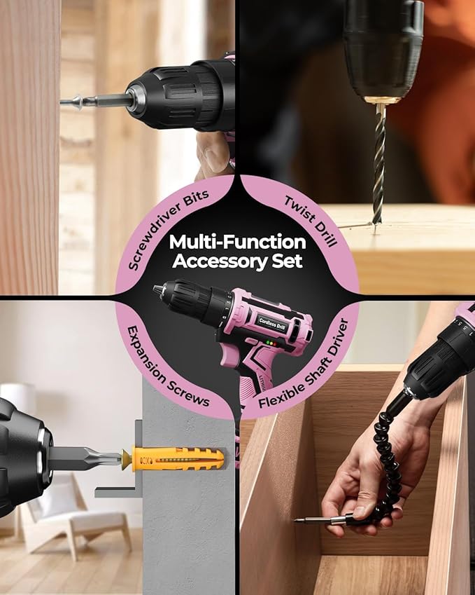 Pink Cordless Drill Set, Double 2000mAh Power Pack Electric Power Drill for Women, 20V Lightweight Electric Screwdriver Driver with Power Pack & Charger, 3/8" Keyless Chuck, Womens Tool Kit for House