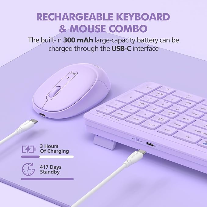 Purple Wireless Keyboard and Mouse Combo for Desktop Mac iPad Bluetooth 2.4 Ghz Rechargeable Slim Silent Click with Number Pad Compatible with Pc, Laptop, Tablet (Purple)
