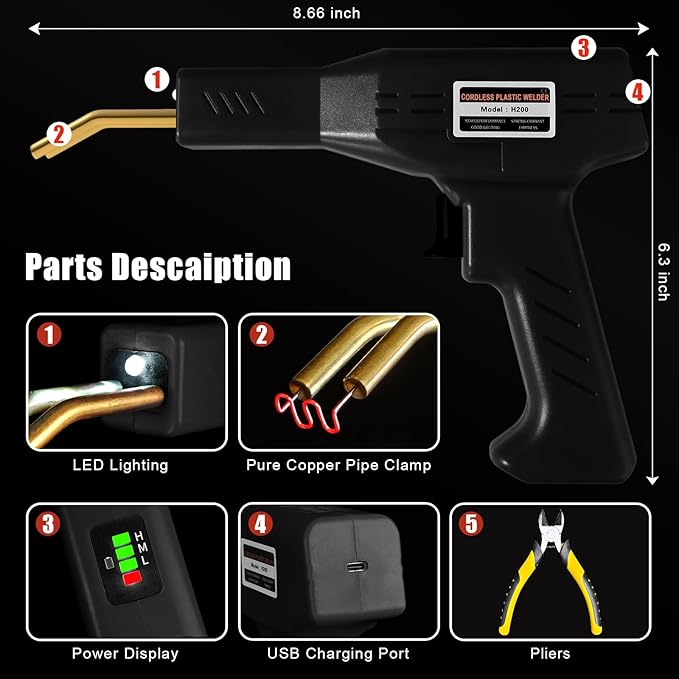 Upgraded 220W Cordless Plastic Welder, 1000PCS Staples, USB Rechargeable Cordless Car Bumper Repair Kit with 5000mAh Battery,Hot Stapler Kit, Plastic Welding Kit, Plastic Repair Kit