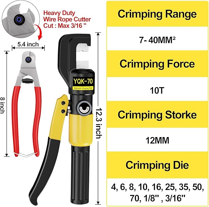 CKE 10 Ton Hydraulic Crimping Tool, Cable Railing Hydraulic Crimper Tool for Stainless Steel Cable Railing Fittings Kit for 1/8" to 3/16" Wire Rope, Hand Hydraulic Cable Crimper With Cable Cutter HC01