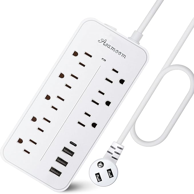 15FT Surge Protector Power Strip Extension Cord with USB C, Flat Plug Power Strip with Long Cord,8 Outlets and 4 USB Port,1700J Wall Mount Desk Multiple Outlets for Home Office White ETL Listed ﻿