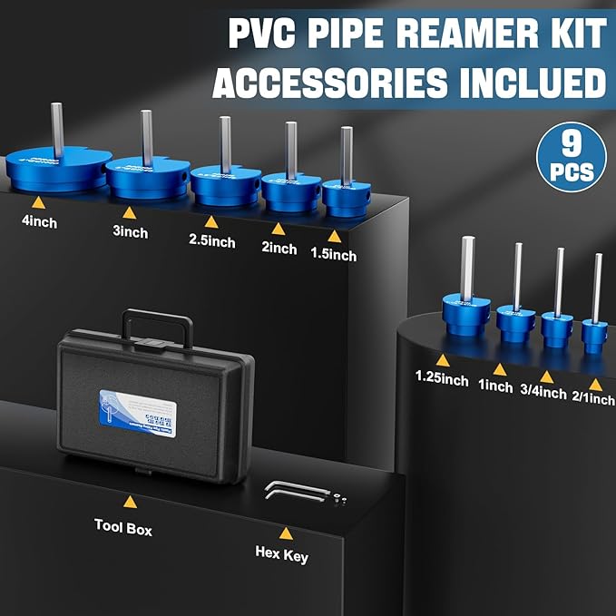 Ecarke 9 Pcs PVC Pipe Reamer Kit With 1/2 inch 3/4 inch 1 inch 1-1/4 inch 1-1/2 inch 2 inch 2.5 inch 3 inch 4 inch PVC Pipe Cutter Tool Kit PVC Fitting Saver Compatible with 1/2" Drills