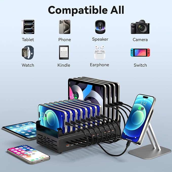 300W Charging Station for Multiple Devices, ALI SEA 24 Port USB C Fast Charging Station, Multi Device Charger Station Organizer Compatible with Cellphone, Tablet, Kindle, iPhone iPad and More