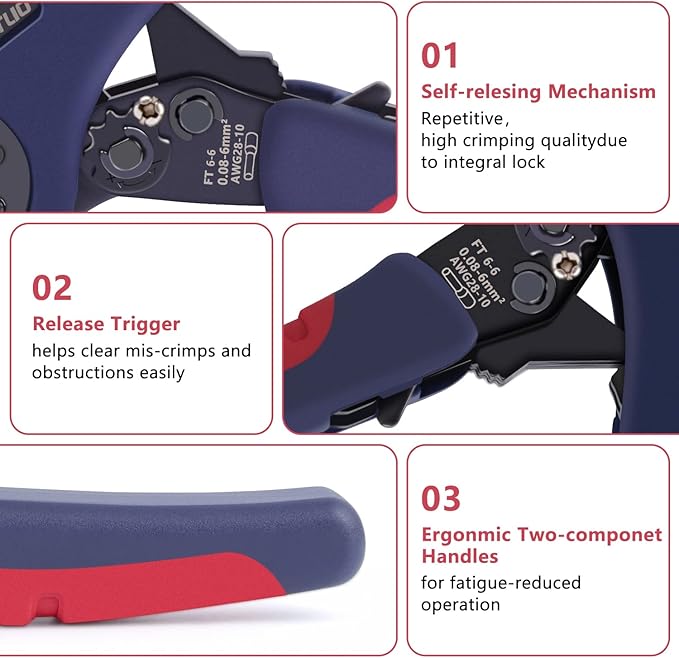 Upgraded Hexagonal Ferrule Crimping Tool, New HSC8 6-6A Self-adjusting Ratchet Wire Crimper Plier for Wire Terminals Cables End-sleeves AWG28-10