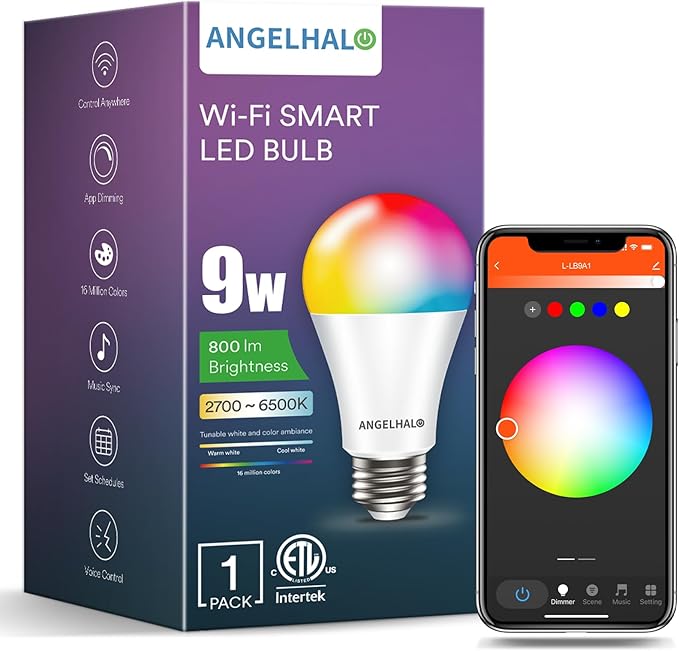 ANGELHALO Smart Light Bulbs, Color Changing A19 LED Light Bulb, Work with Alexa and Google Assistant, Wi-Fi & Bluetooth Light Bulbs, 16 Million Colors RGBCW, Music Sync, 800 Lumens, 2.4Ghz only,1 Pack