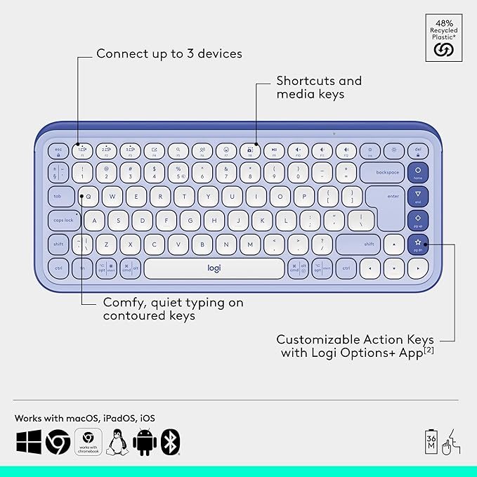 Logitech POP ICON Combo, Bluetooth Keyboard and Mouse Combo, Comfortable Typing, programmable Keys and Buttons, Quiet clicks, Easy-Switch up to 3 Devices - Lilac