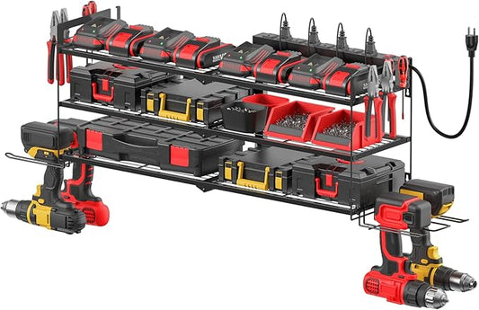 CCCEI Large Garage Tools Storage with Charging Station. Power Tool Battery Organizer Utility Shelf with Power Strip. 4 Drills Holder Wall Mount Rack, Black 3 Layer.