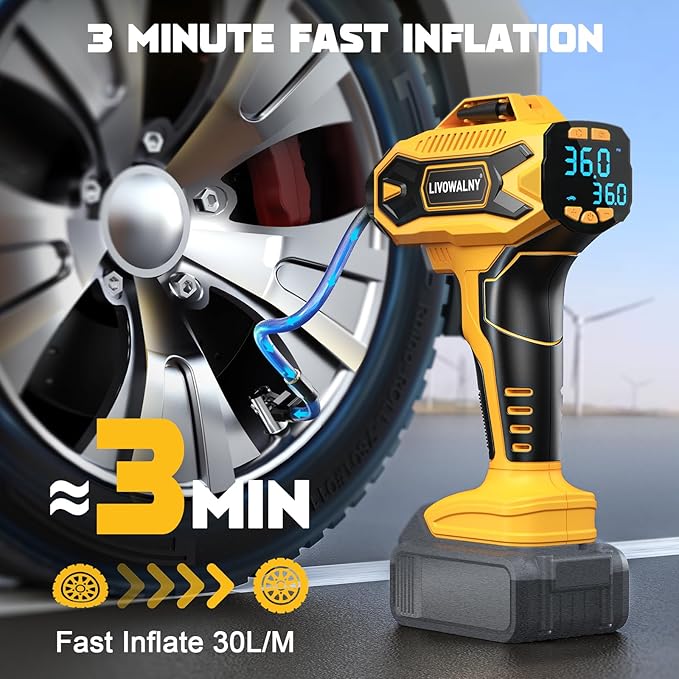 Tire Inflator Air Compressor Compatible with DeWalt 20V Battery Power, LIVOWALNY 160PSI Cordless Portable Electric Air Pump with Digital Pressure Gauge for Car Motorcycles Bike Ball Auto (No Battery)