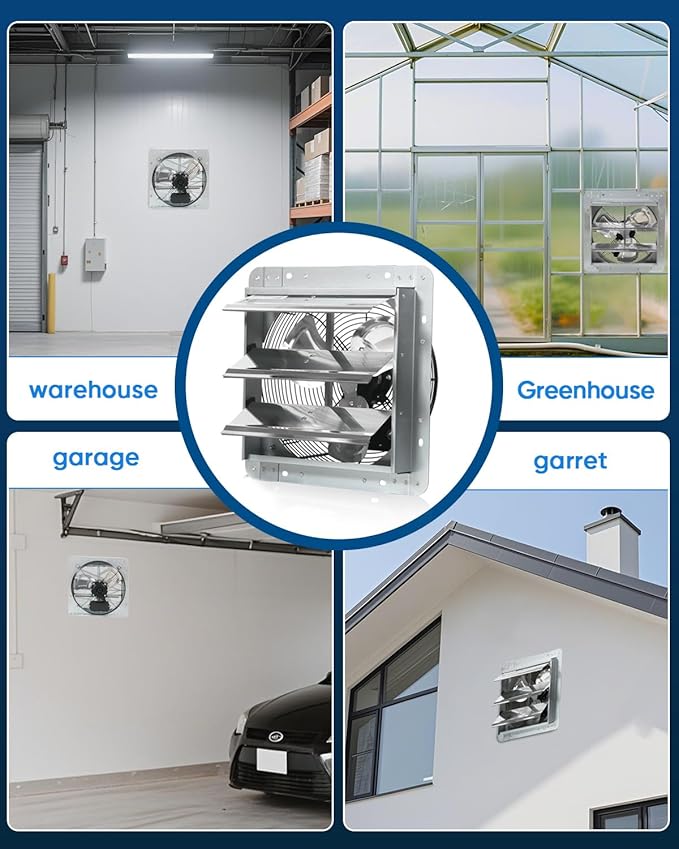 JPOWER 12 Inch Shutter Exhaust Fan, Gable Vent Fan, Wall Mount Ventilation, Automatic Aluminum Blades, High Speed, 1800CFM, for Garages, Shop, Greenhouse, Attic