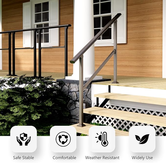 DIYHD 4 Step Handrail for Outdoor,Powder Coated Iron Stair Railing,Black Hand Rails for Indoor, Porch,Deck,1 Pack