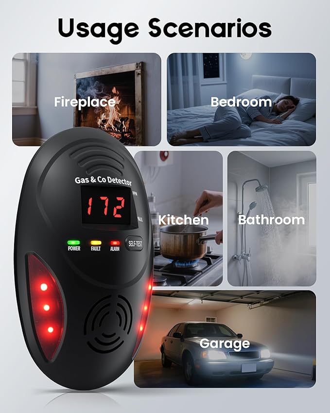 Carbon Monoxide Detectors and Natural Gas Detector, Carbon Monoxide Detectors Plug in, Dual Alarms Gas Leak Detector with Light - Natural, Co Leak Detection for Home, RV Essentials, Black, 1Pcs