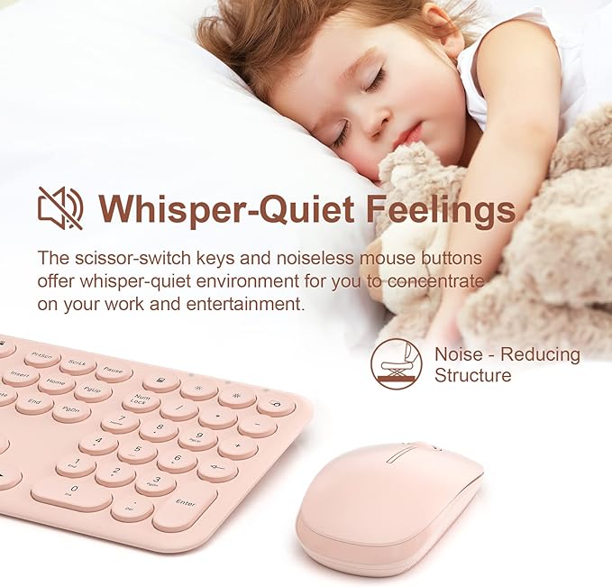 Cute Keyboard and Mouse Wireless for PC Computer/Laptop/Windows/Mac/Tablets, Ultra-Thin 2.4GHz USB Cordless Full-Sized Silent Retro Computer Keyboard Mouse Combo (Pink)