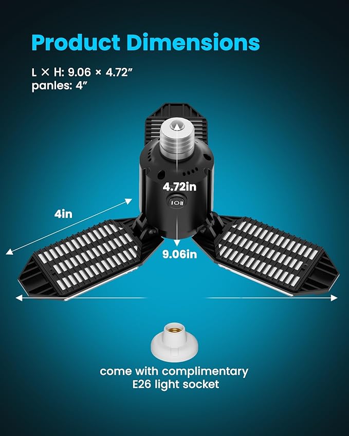 Motion Sensor Garage Light 80W 8000LM, Motion Activated Shop Light with 360° Detection and 3 Deformable Panels, 3 Modes Screw-in Garage Ceiling LED Bulb for Indoor Basement, Attic 1-Pack