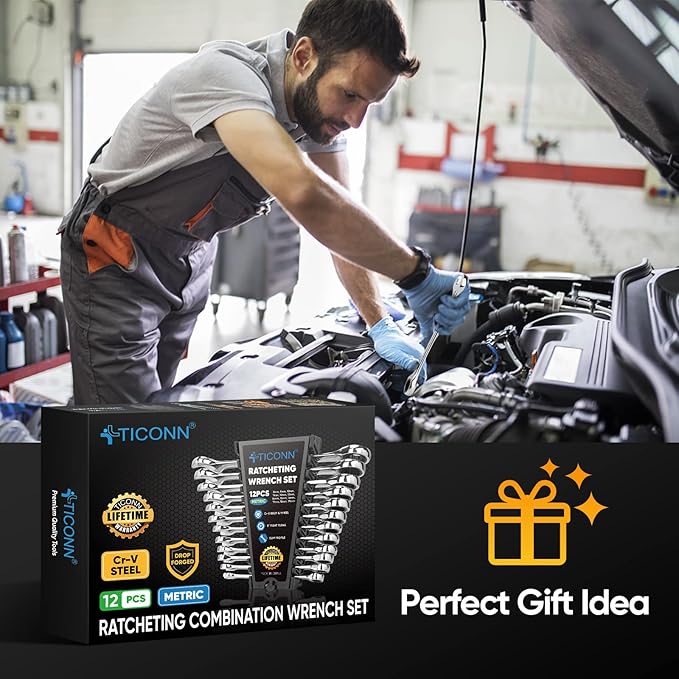 TICONN Ratcheting Wrench, Professional Slim Profile Mechanic Cr-V Ratchet Wrench 17mm (Metric)