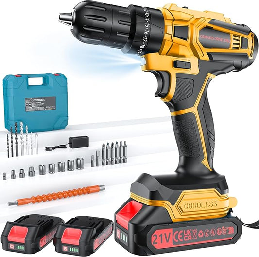 Cordless Drill with 2 Batteries and Charger, 21V Electric Drill Cordless, Portable Power drill Set, 3/8" Keyless Chuck, 2 Variable Speed, 25+ 3 Clutch, 398 In-lb Max Torque