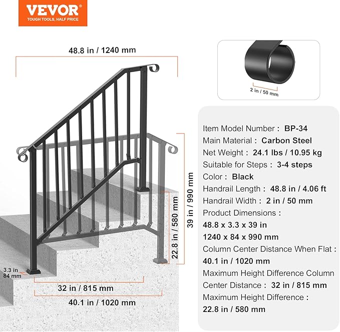 VEVOR Handrails for Outdoor Steps, 3-4 Step Stair Hand Rail Kit, Transitional Iron Railings with Installation Kit, Stair Rails for Seniors, Concrete Steps & Porch & Deck, Black Retro Arch