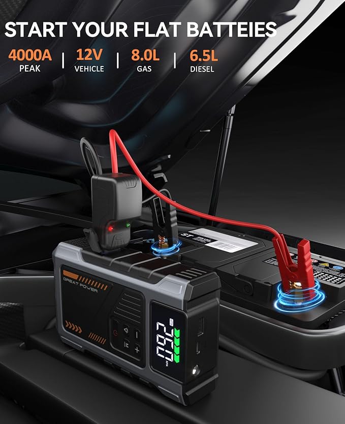 Portable Jump Starter with Air Compressor 4000A Peak with 150PSI Tire Inflator, Jump Box for 12V Car Battery Power Booster Pack (Up 8.0L Gas/6.5L Diesel Engine)