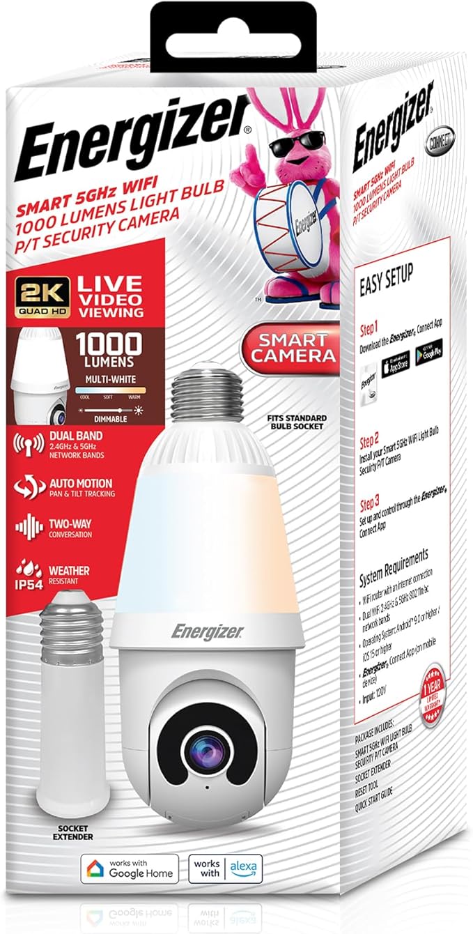 Energizer Smart 2K Light Bulb Security Camera, 1000 Lumens LED Light, 5GHz & 2.4GHz Wi-Fi Outdoor Socket Camera, Auto Tracking, Pan and Tilt, Night Vision, 2-Way Audio, Works with Google Home & Alexa