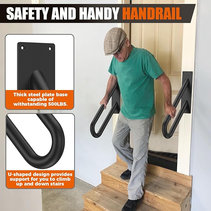 GORWARE Handrails for Outdoor Steps,24" U-Shaped Handrail Wall Mount with Matte Black Finished,1-3 Steps Railings,Safety Grab Bar for Outdoor Indoor Stairs, Garage, Porch, Toilet, Yard and Garden.