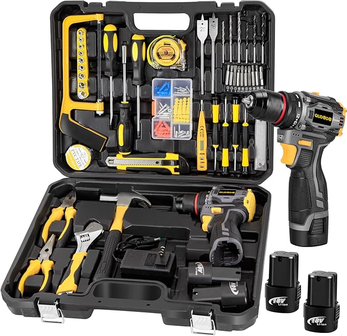 QUDODO Brushless Compact Drill Tool Set, 120PCS 45N. m 18V Cordless Drill Kit with 2 Battery, Woman Household Tool Kit with Electric Driver, Taladro Set with Inalámbrico for Daily Home Basic Repair